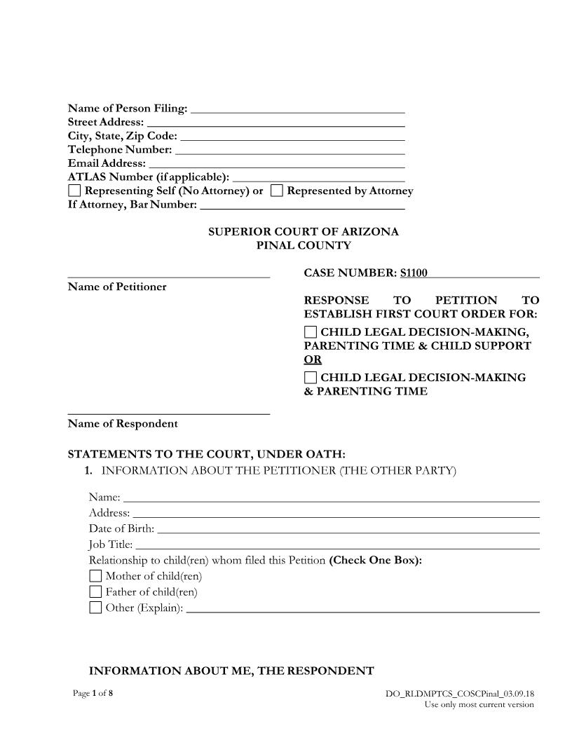 Response To Petition To Establish First Court Order For | Pdf Fpdf Doc Docx | Arizona