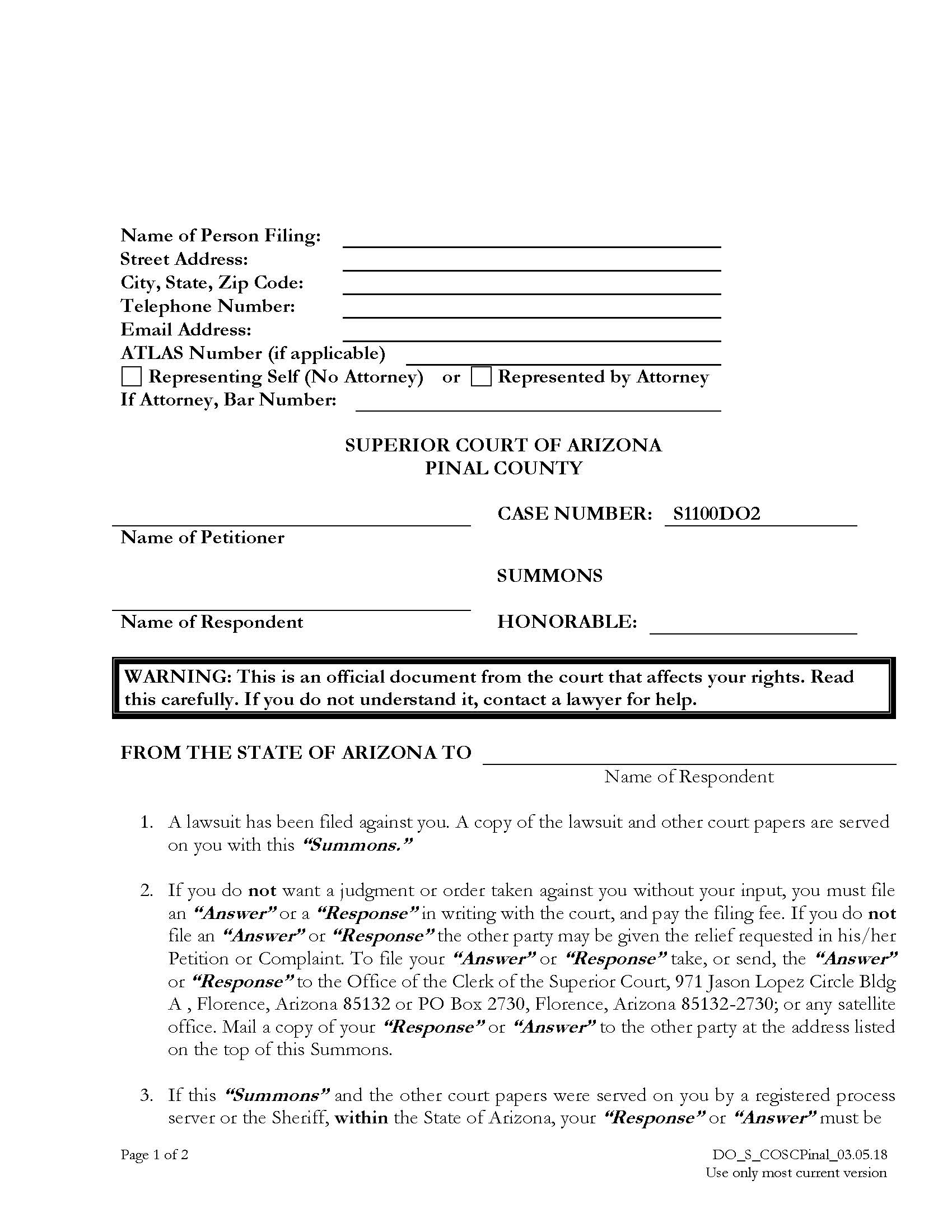 Summons | Pdf Fpdf Docx | Arizona