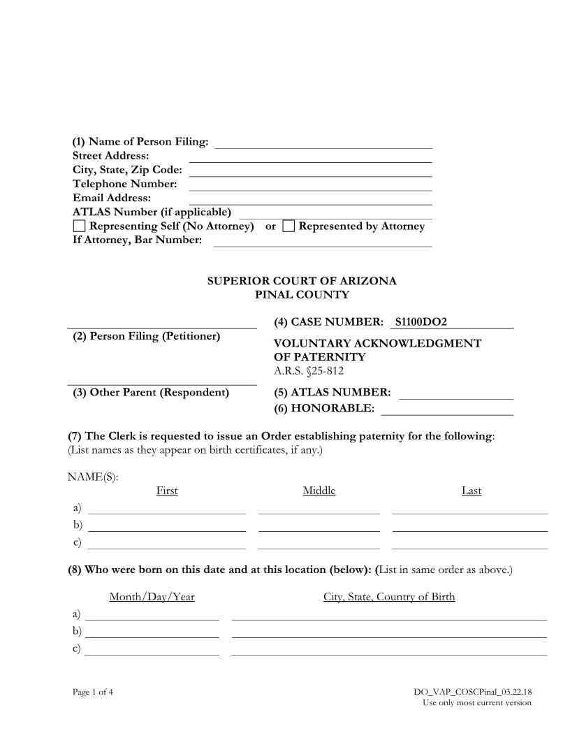 Voluntary Acknowledgment Of Paternity | Pdf Fpdf Docx | Arizona