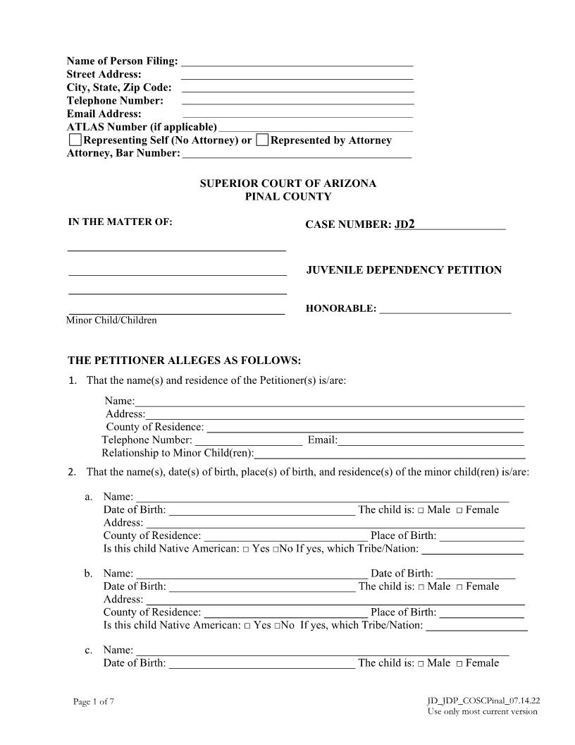 Juvenile Dependency Petition | Pdf Fpdf Docx | Arizona