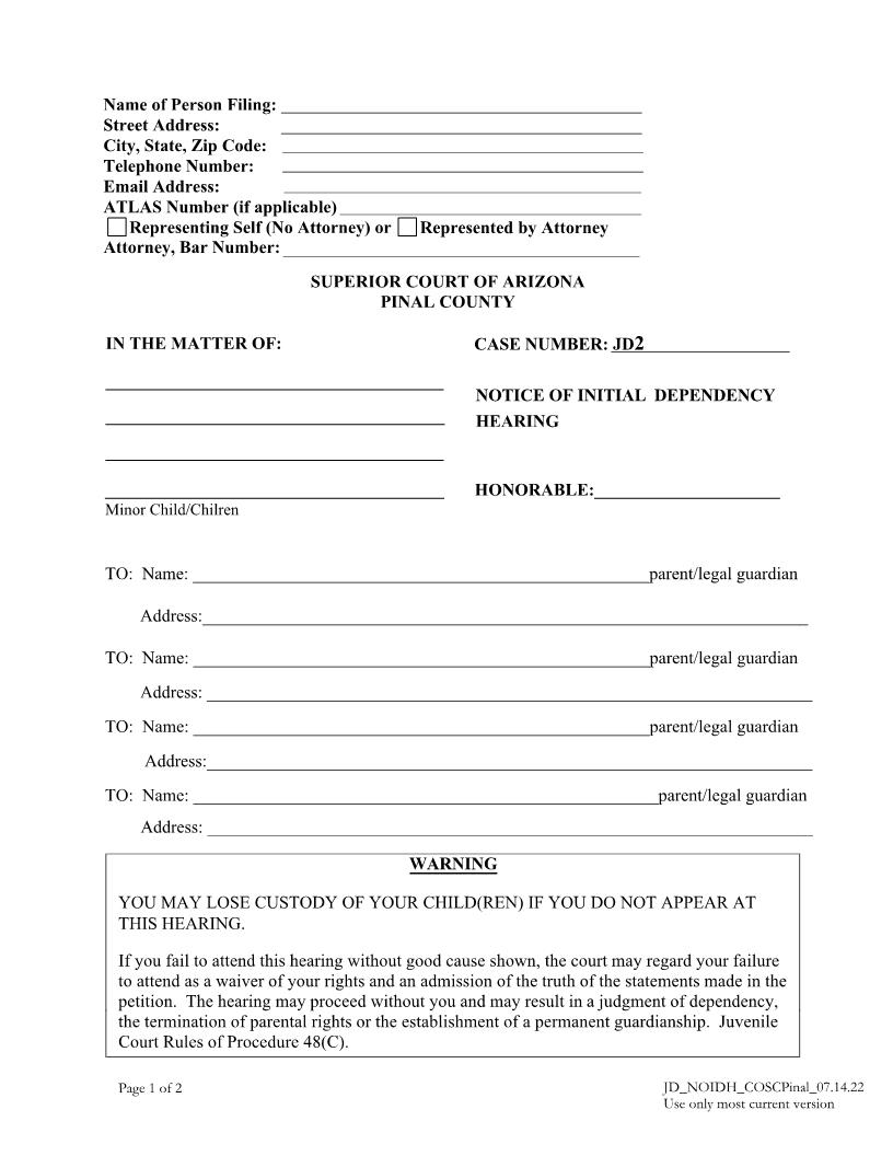 Notice Of Initial Dependency Hearing | Pdf Fpdf Docx | Arizona