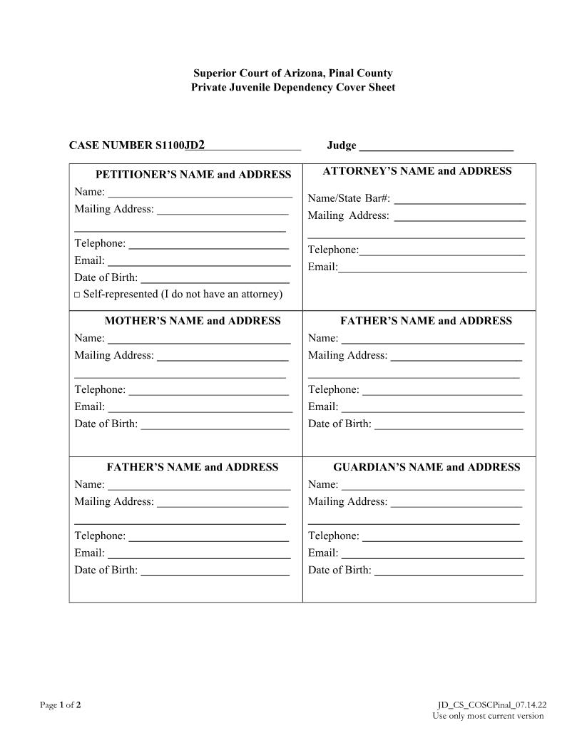 Private Juvenile Dependency Cover Sheet | Pdf Fpdf Doc Docx | Arizona