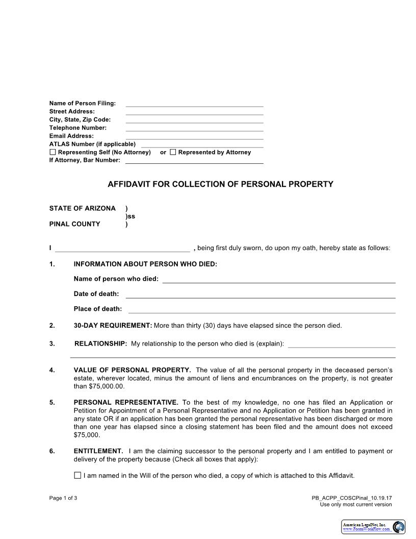 Affidavit For Collection Of Personal Property | Pdf Fpdf Doc Docx | Arizona