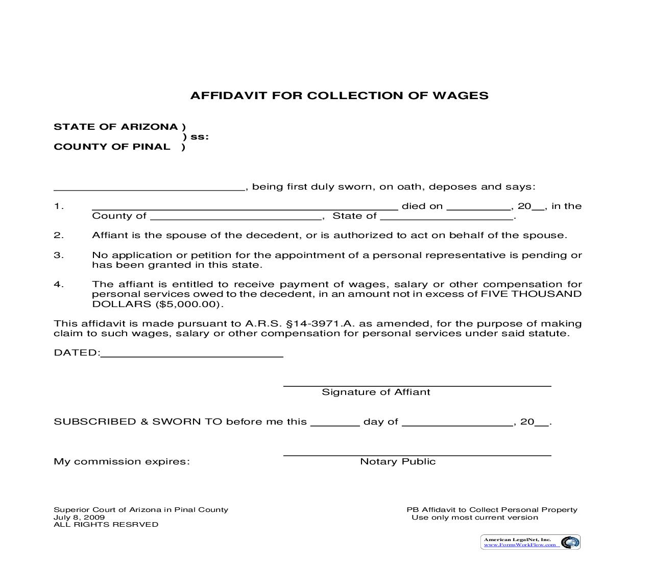 Affidavit For Collection Of Wages | Pdf Fpdf Doc Docx | Arizona