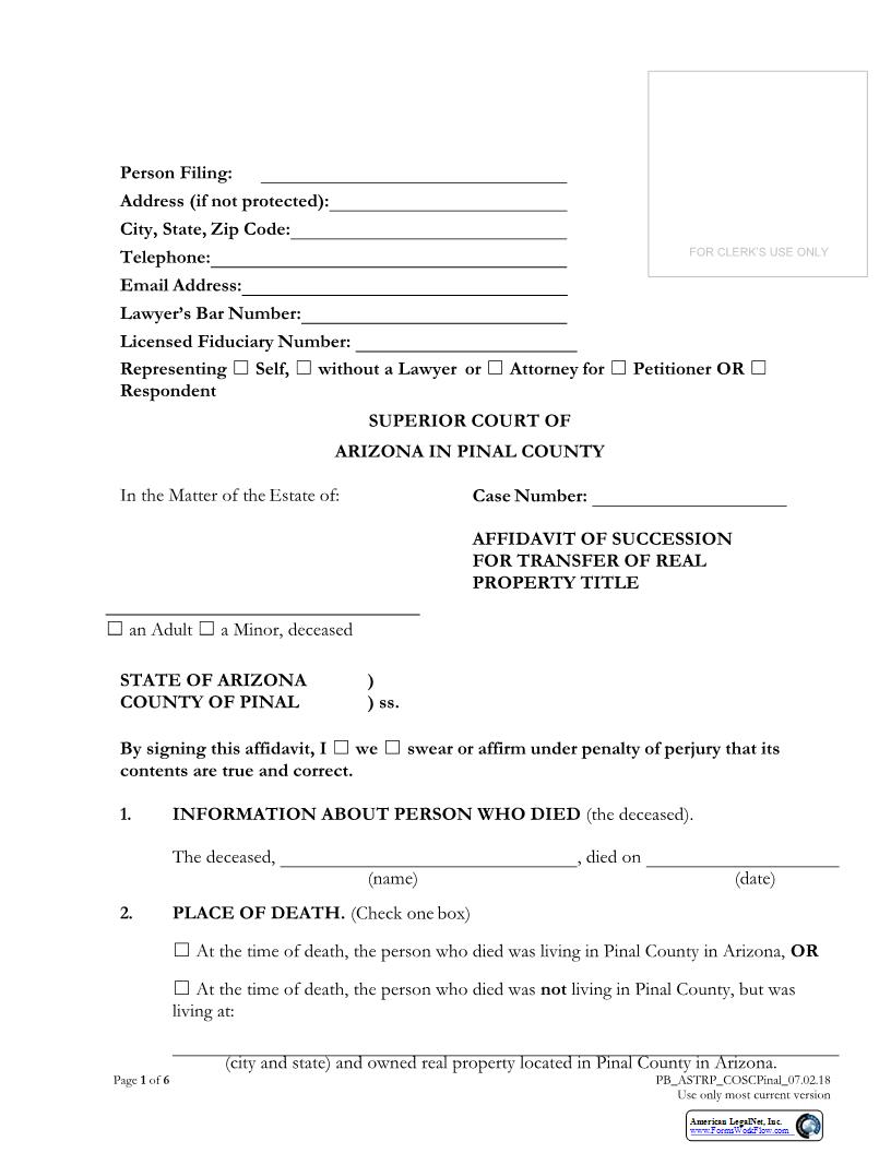 Affidavit Of Succession For Transfer Of Real Property Title | Pdf Fpdf Docx | Arizona