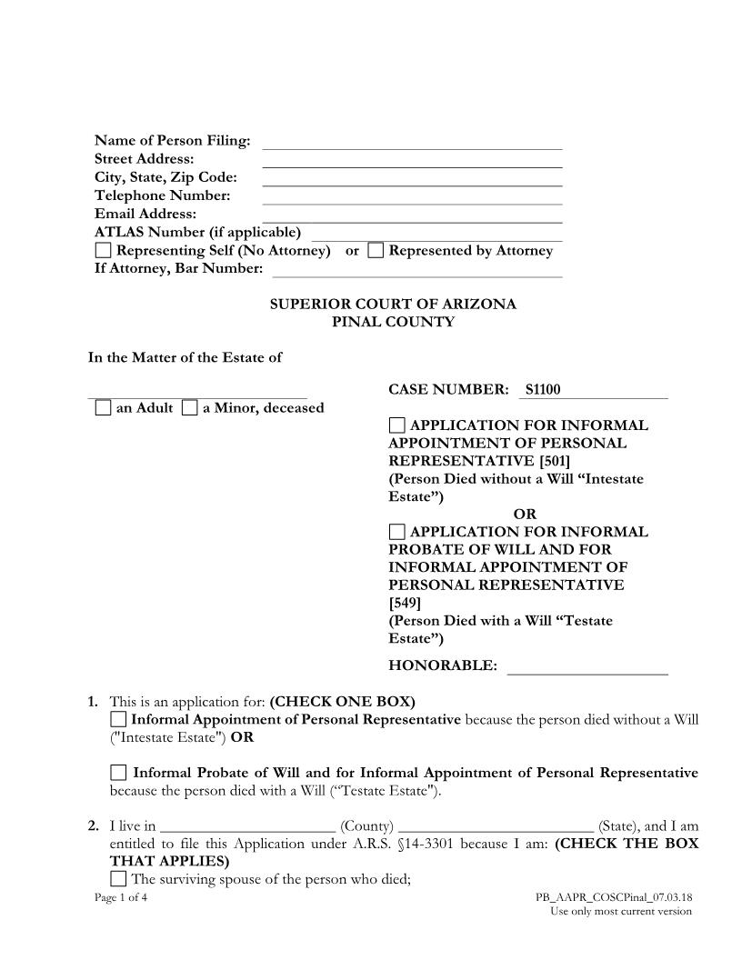 Application For Informal Appointment Of Personal Representative | Pdf Fpdf Doc Docx | Arizona