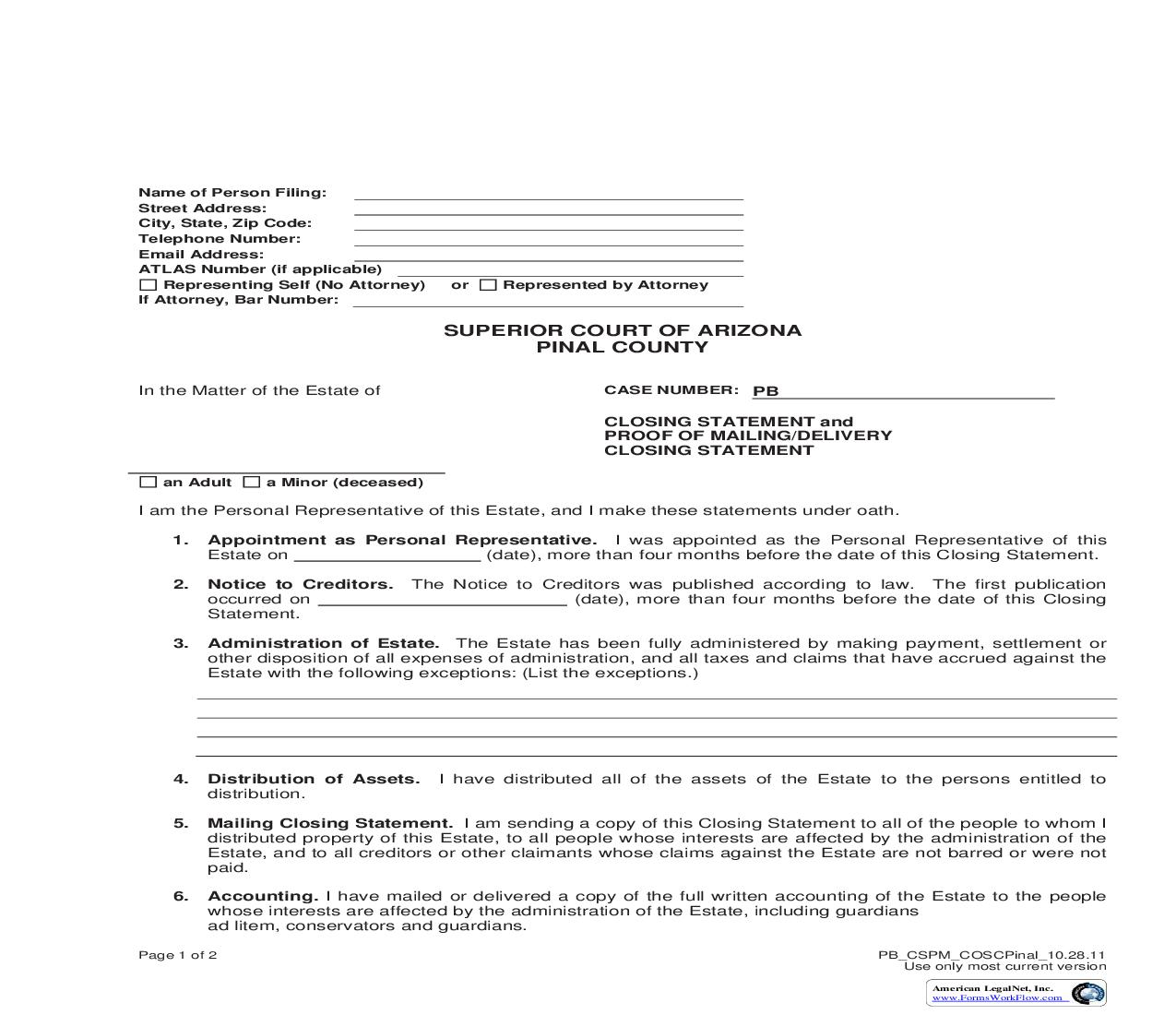 Closing Statement And Proof Of Mailing-Delivery Closing Statement | Pdf Fpdf Doc Docx | Arizona