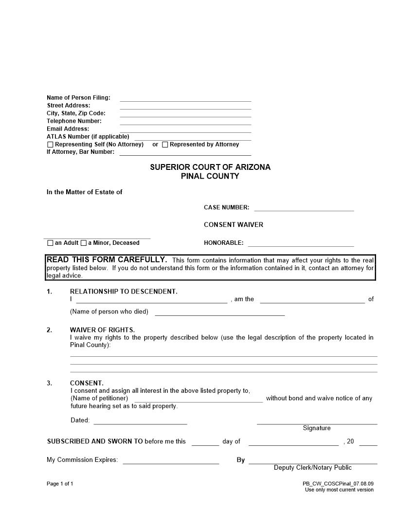 Consent And Waiver | Pdf Fpdf Doc Docx | Arizona