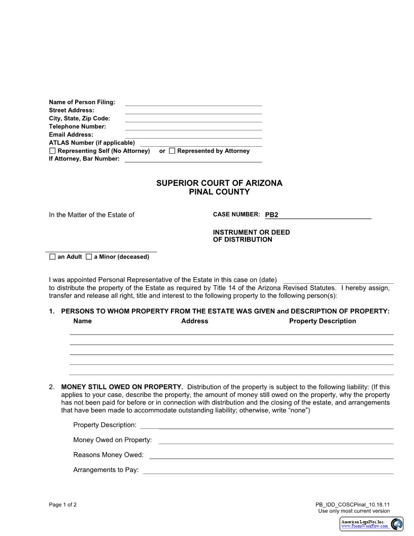 Instrument Or Deed Of Distribution | Pdf Fpdf Doc Docx | Arizona