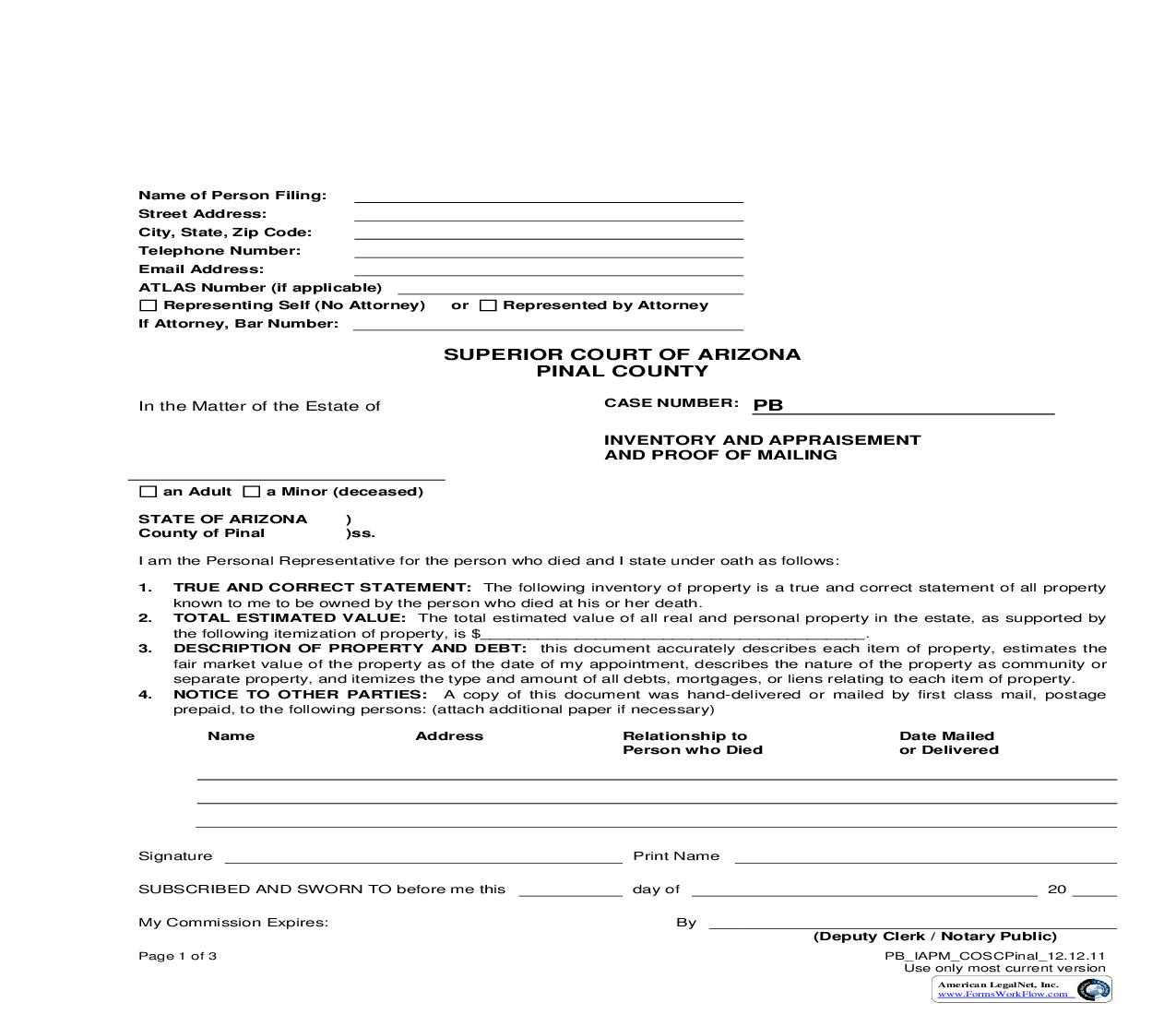 Inventory And Appraisement And Proof Of Mailing | Pdf Fpdf Doc Docx | Arizona