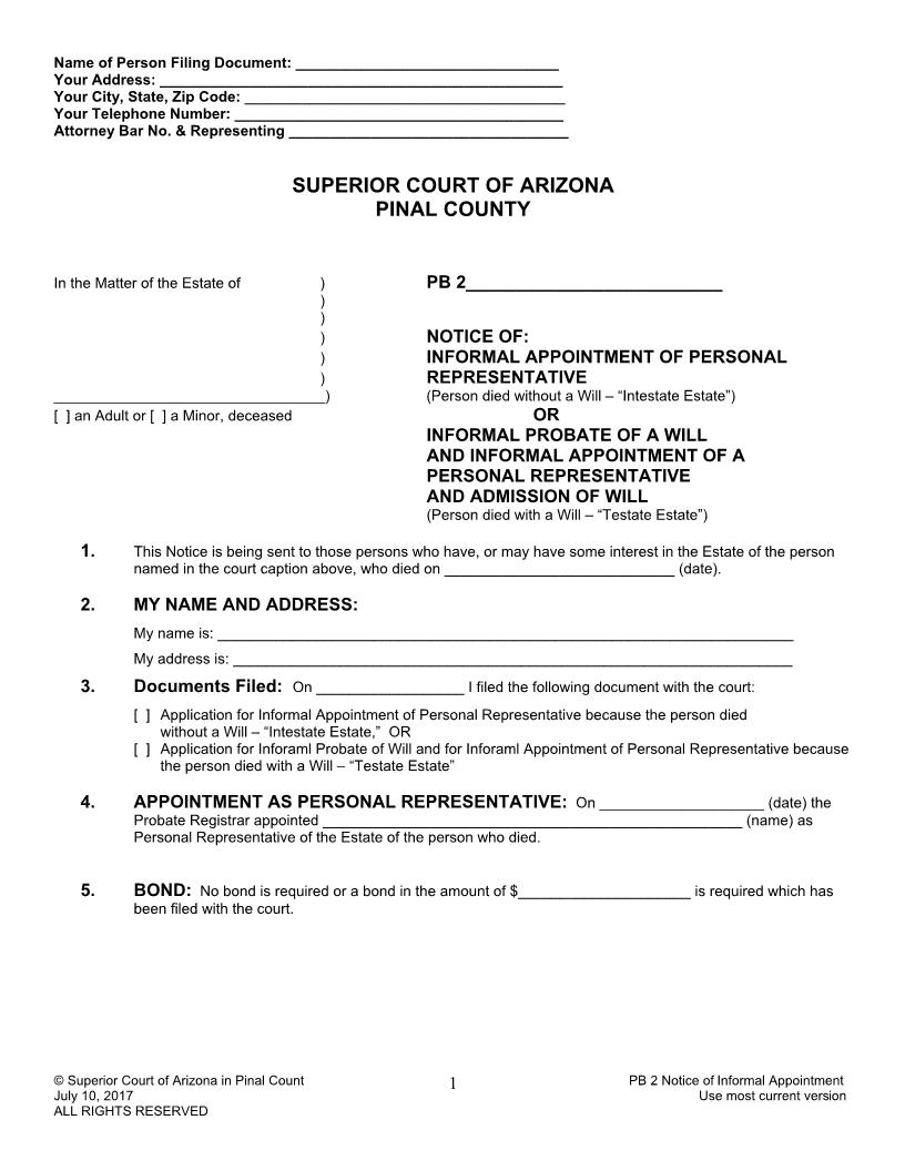 Notice Of Informal Appointment Of Personal Representative | Pdf Fpdf Doc Docx | Arizona