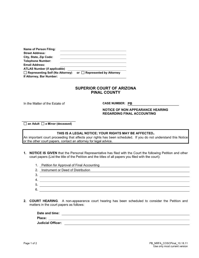Notice Of Non Appearance Hearing Re Final Accounting | Pdf Fpdf Doc Docx | Arizona