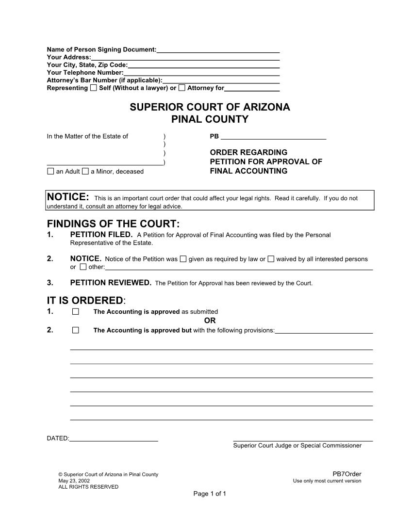 Order Regarding Petition For Approval Of Final Accounting | Pdf Fpdf Doc Docx | Arizona