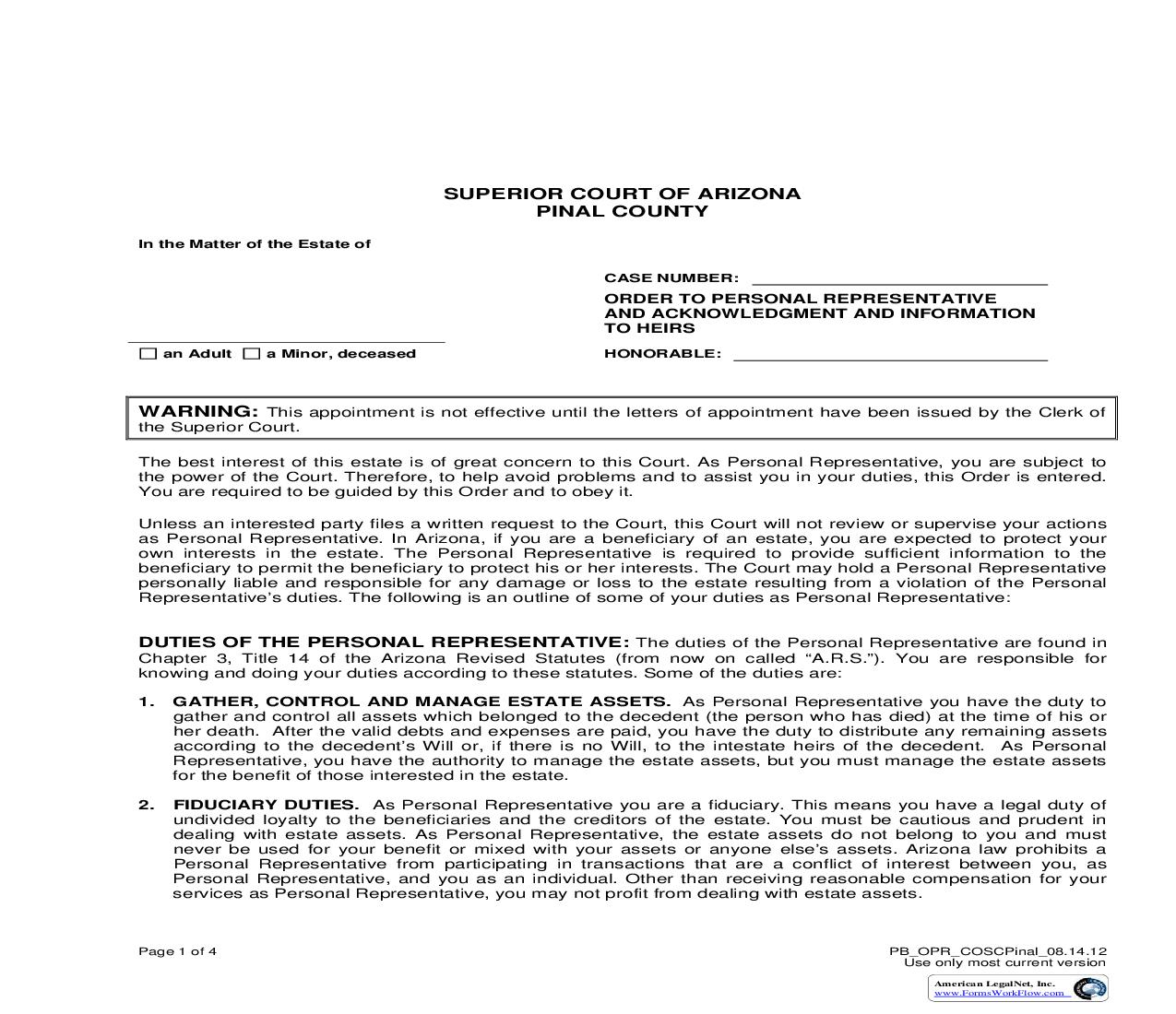 Order To Personal Representative And Acknowledgment And Info To Heirs | Pdf Fpdf Doc Docx | Arizona