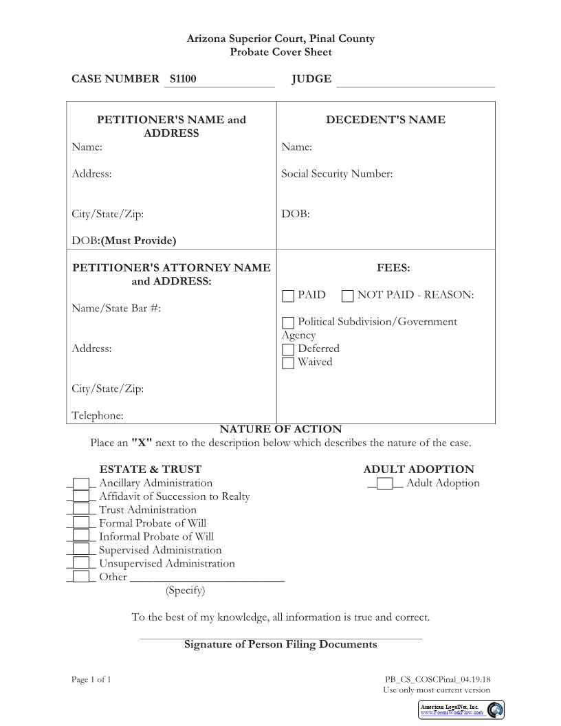 Probate Cover Sheet | Pdf Fpdf Docx | Arizona