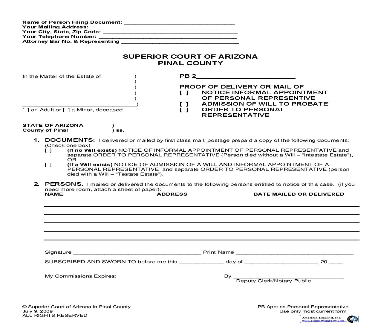 Proof Of Delivery Or Mail Of Notice Informal Appointment Of Personal Representative | Pdf Fpdf Doc Docx | Arizona