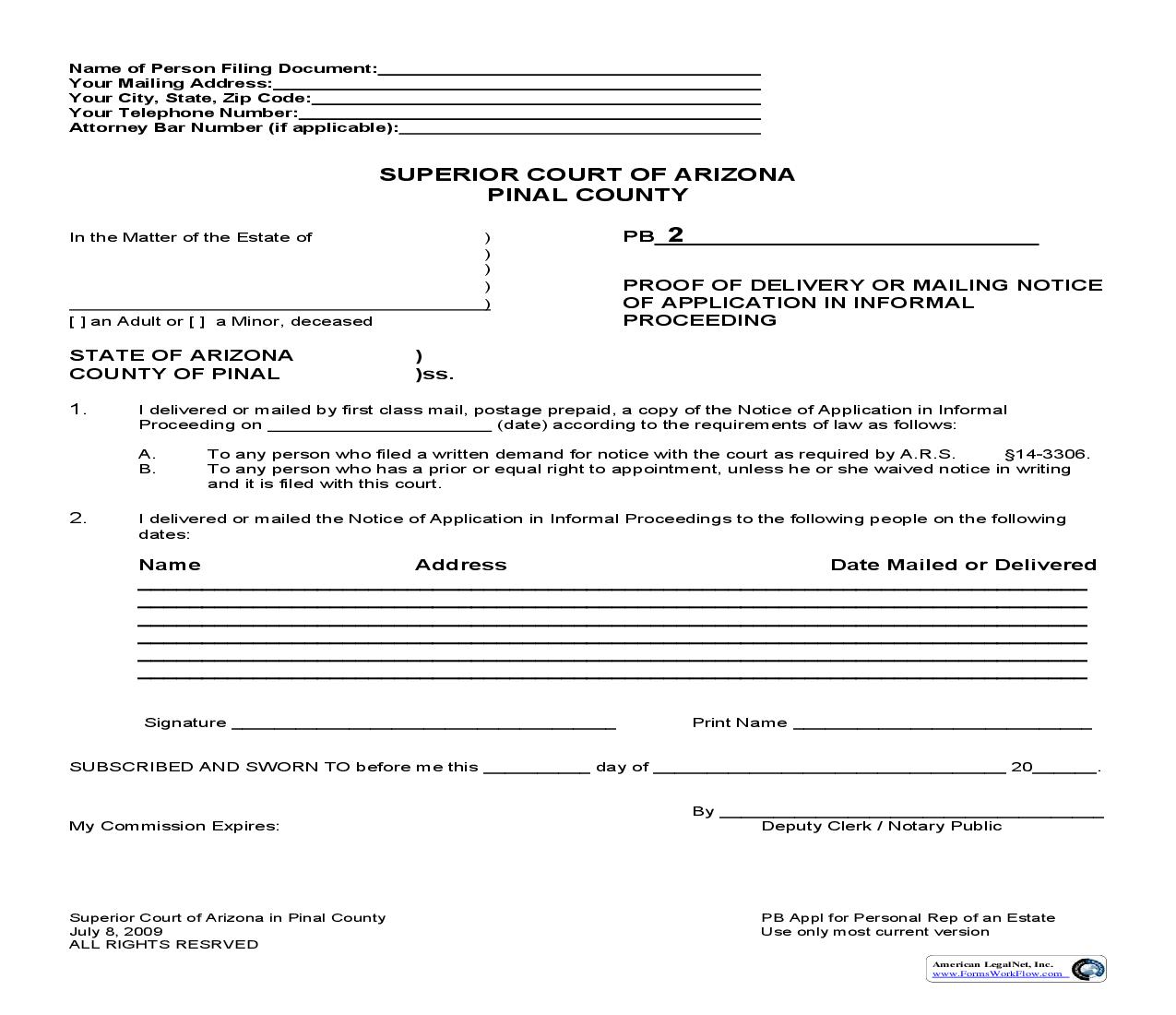 Proof Of Delivery Or Mailing Notice Of Application In Informal Proceeding | Pdf Fpdf Doc Docx | Arizona