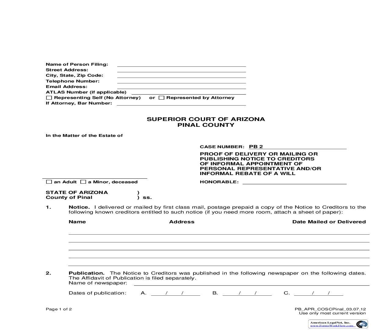 Proof Of Delivery Or Mailing Or Publishing Notice To Creditors | Pdf Fpdf Doc Docx | Arizona