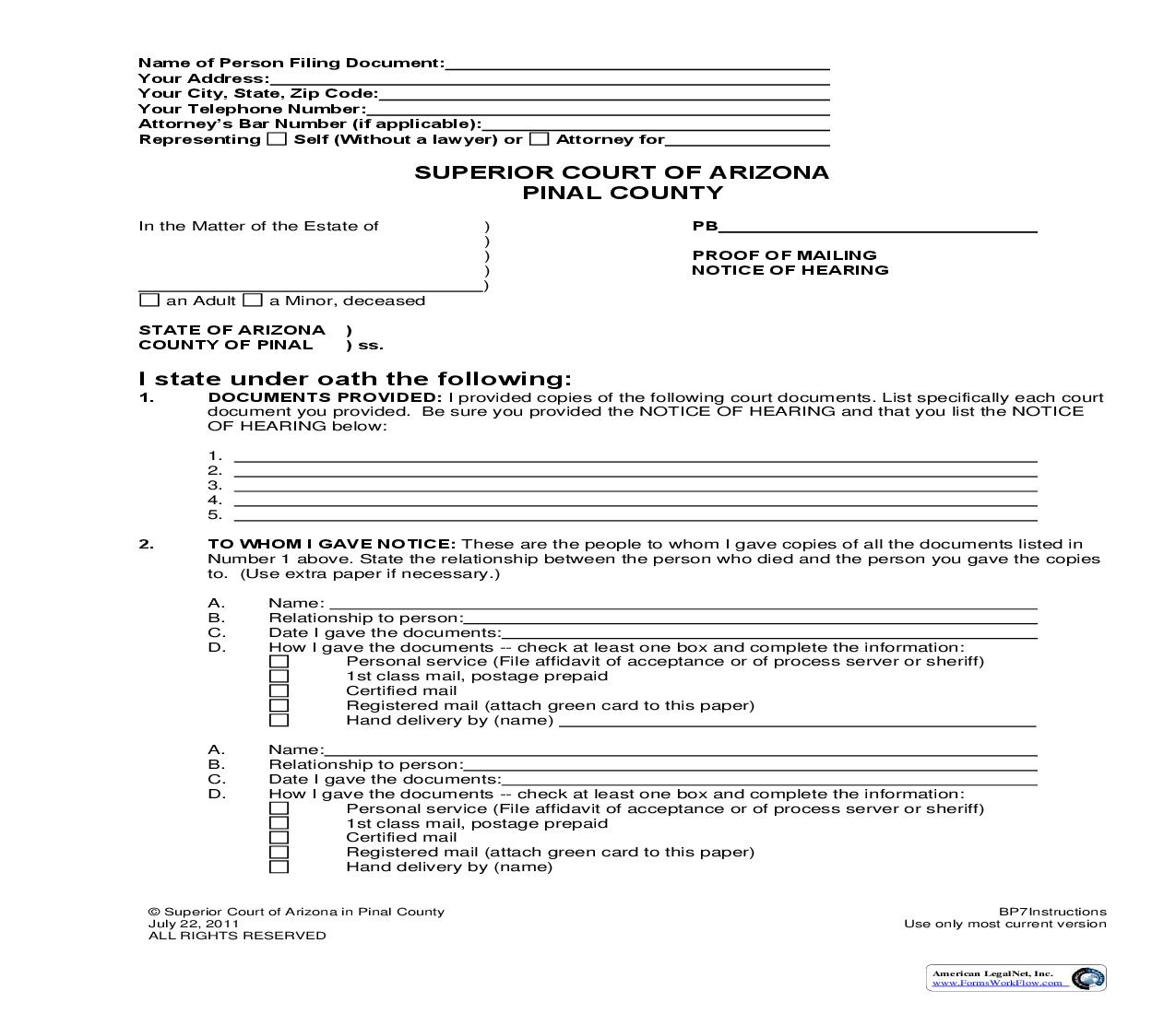 Proof Of Mailing Notice Of Hearing | Pdf Fpdf Doc Docx | Arizona