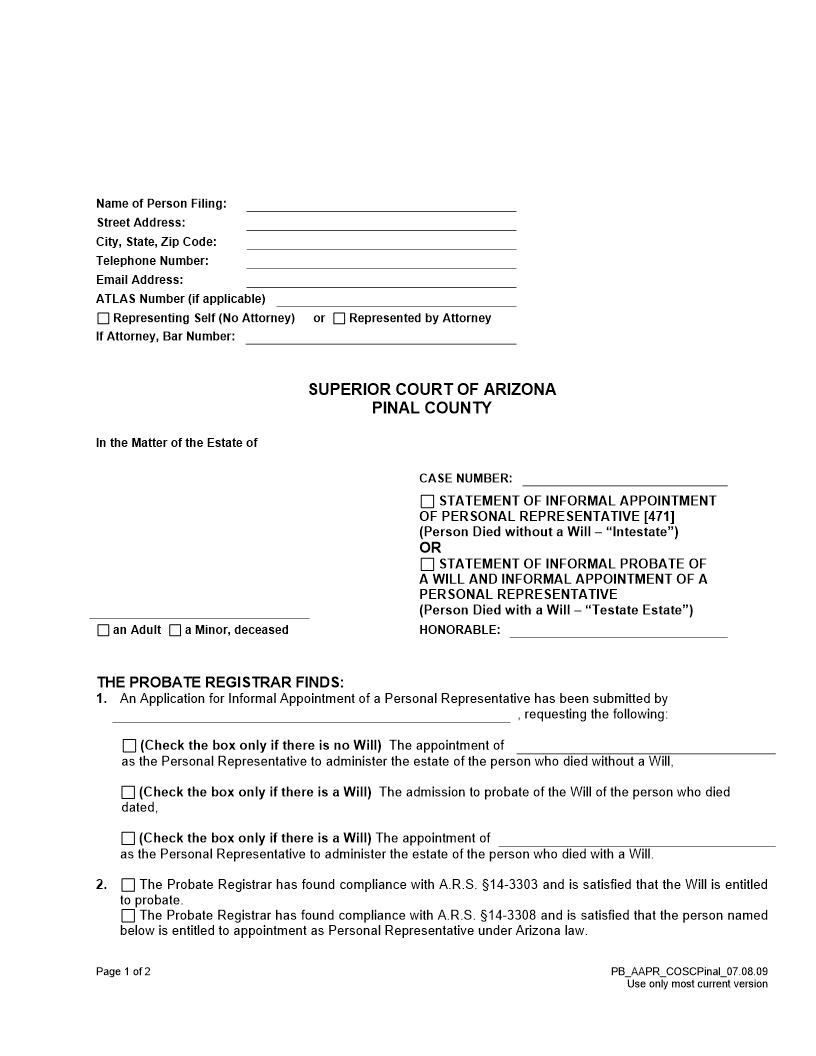 Statement Of Informal Appointment Of Personal Representative | Pdf Fpdf Doc Docx | Arizona