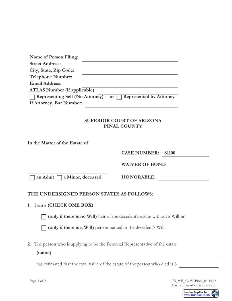 Waiver Of Bond | Pdf Fpdf Doc Docx | Arizona