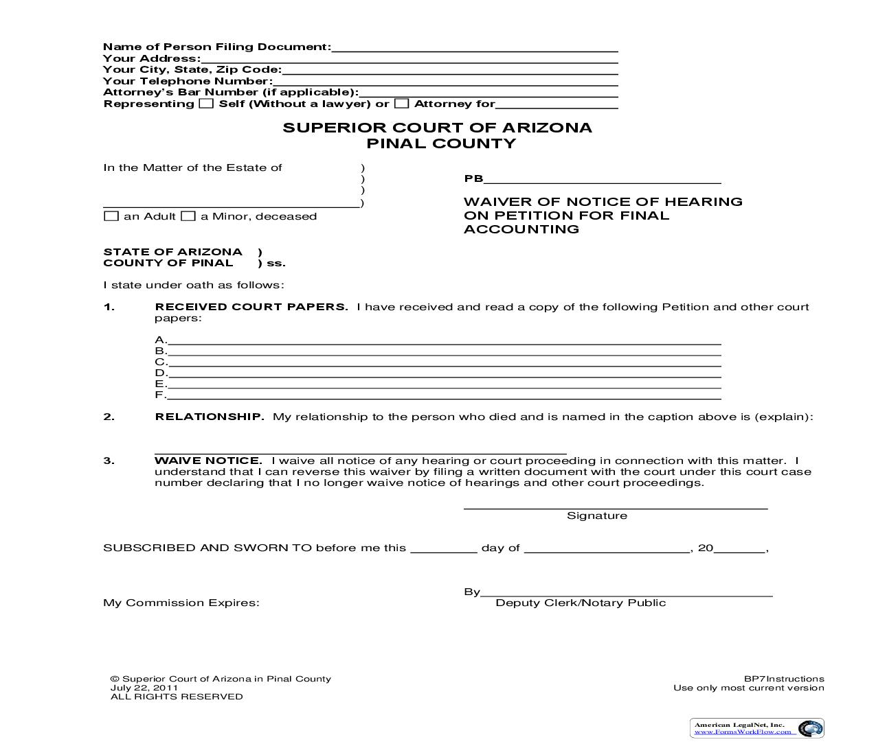 Waiver Of Notice Of Hearing On Petition For Final Accounting | Pdf Fpdf Doc Docx | Arizona