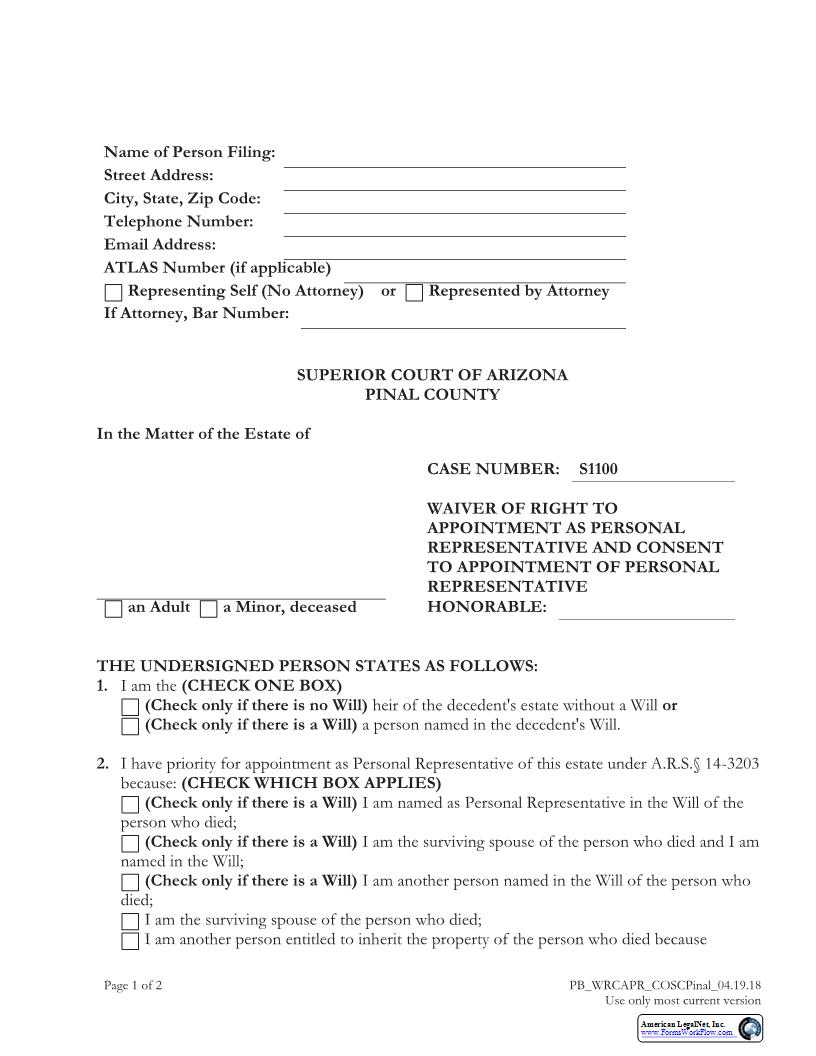 Waiver Of Right To Appointment As Personal Representative And Consent | Pdf Fpdf Doc Docx | Arizona
