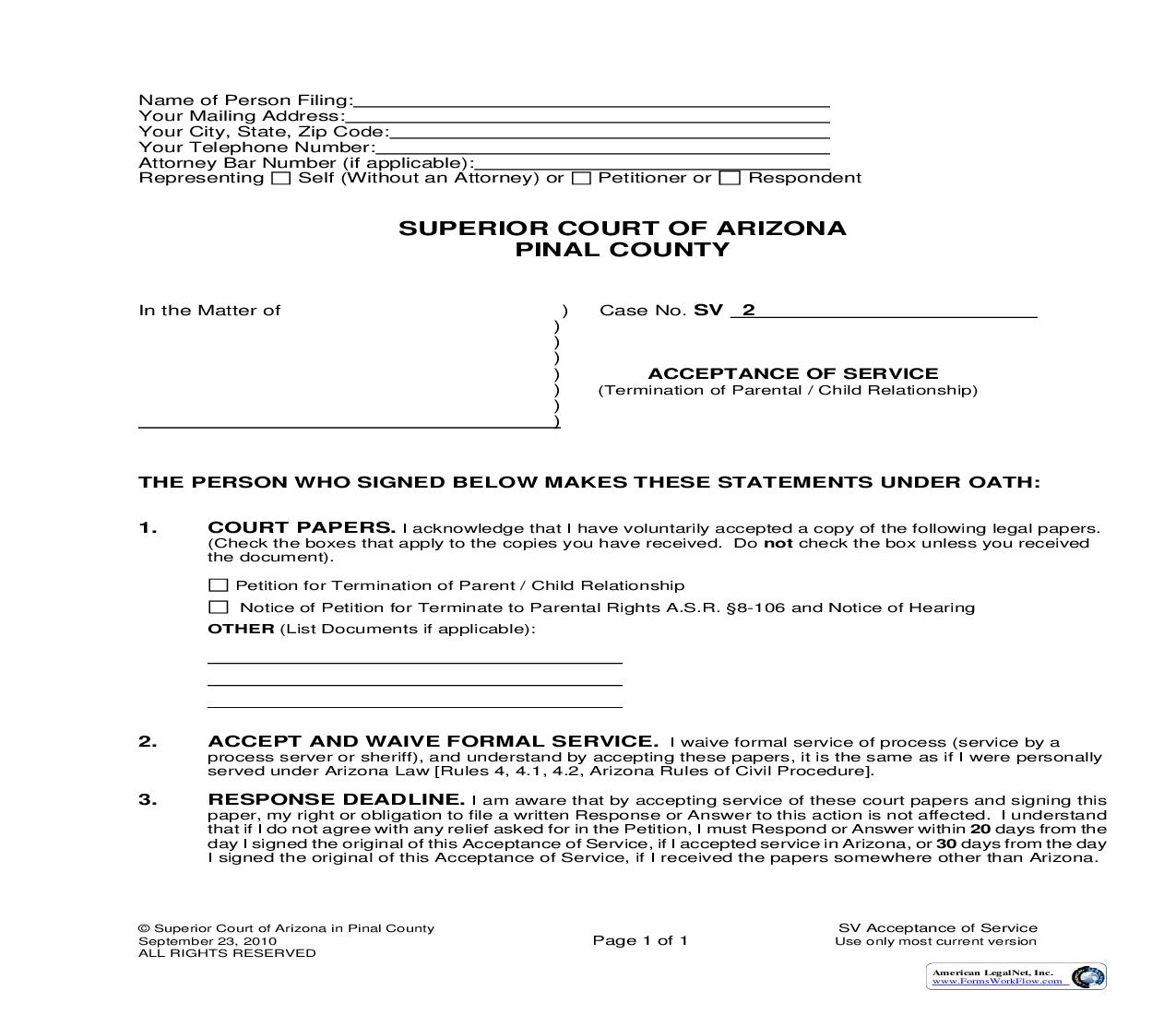 Acceptance Of Service (Termination Of Parental Child Relationship) | Pdf Fpdf Doc Docx | Arizona