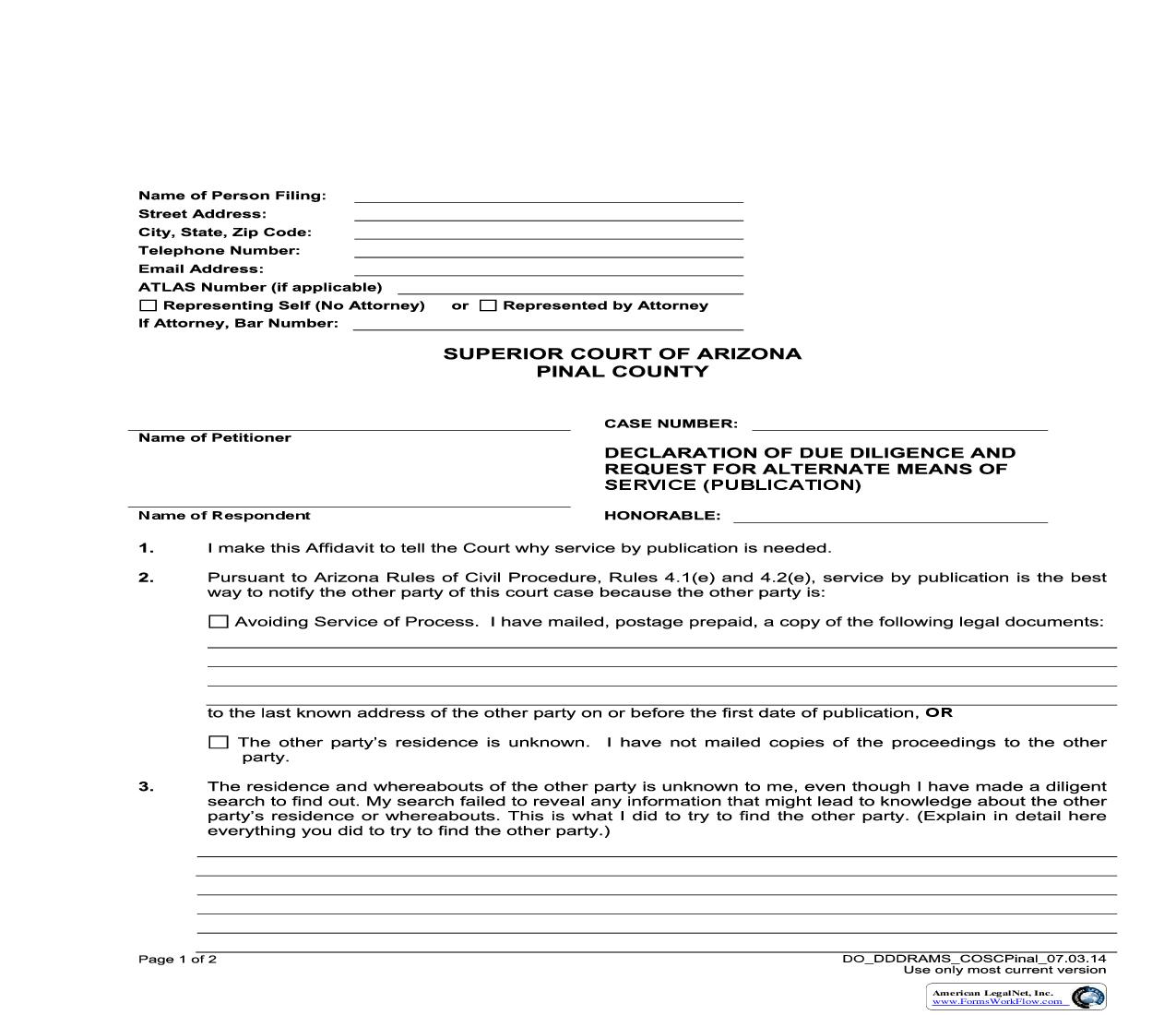 Declaration Of Due Diligence And Request For Alternate Means Of Service (Publication) | Pdf Fpdf Doc Docx | Arizona