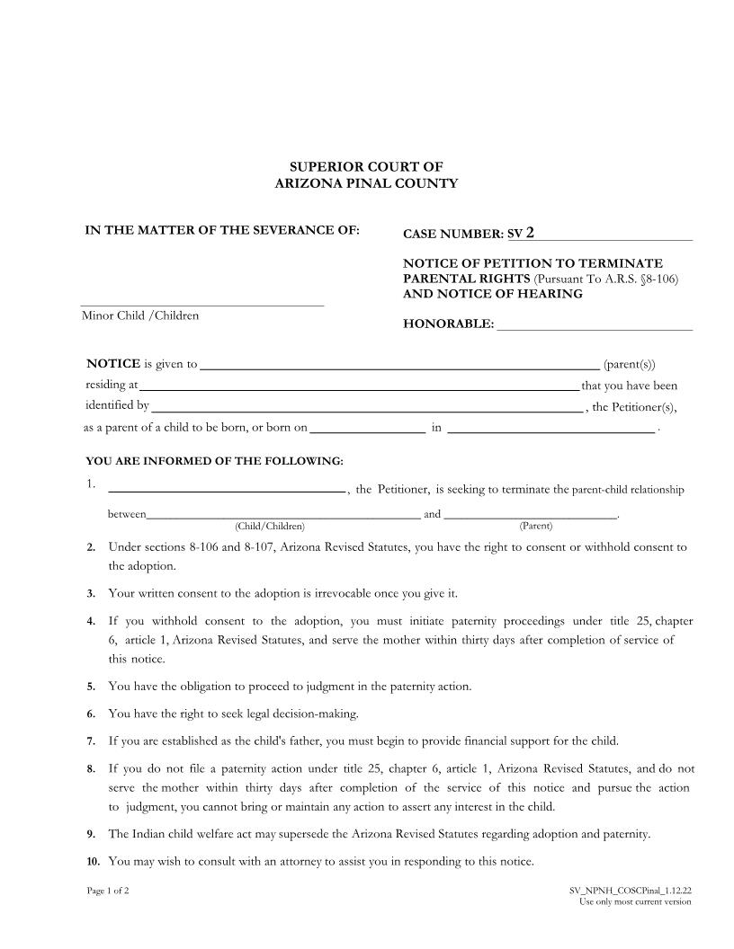 Notice Of Petition To Terminate Parental Rights And Notice Of Hearing | Pdf Fpdf Doc Docx | Arizona