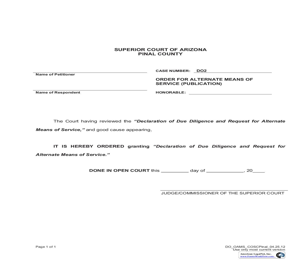 Order For Alternate Means Of Service  (Publication) | Pdf Fpdf Doc Docx | Arizona