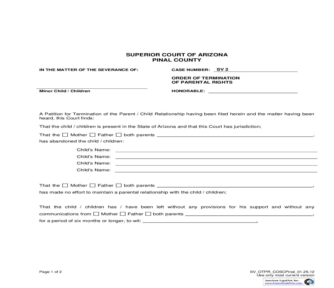 Order Of Termination Of Parental Rights | Pdf Fpdf Doc Docx | Arizona