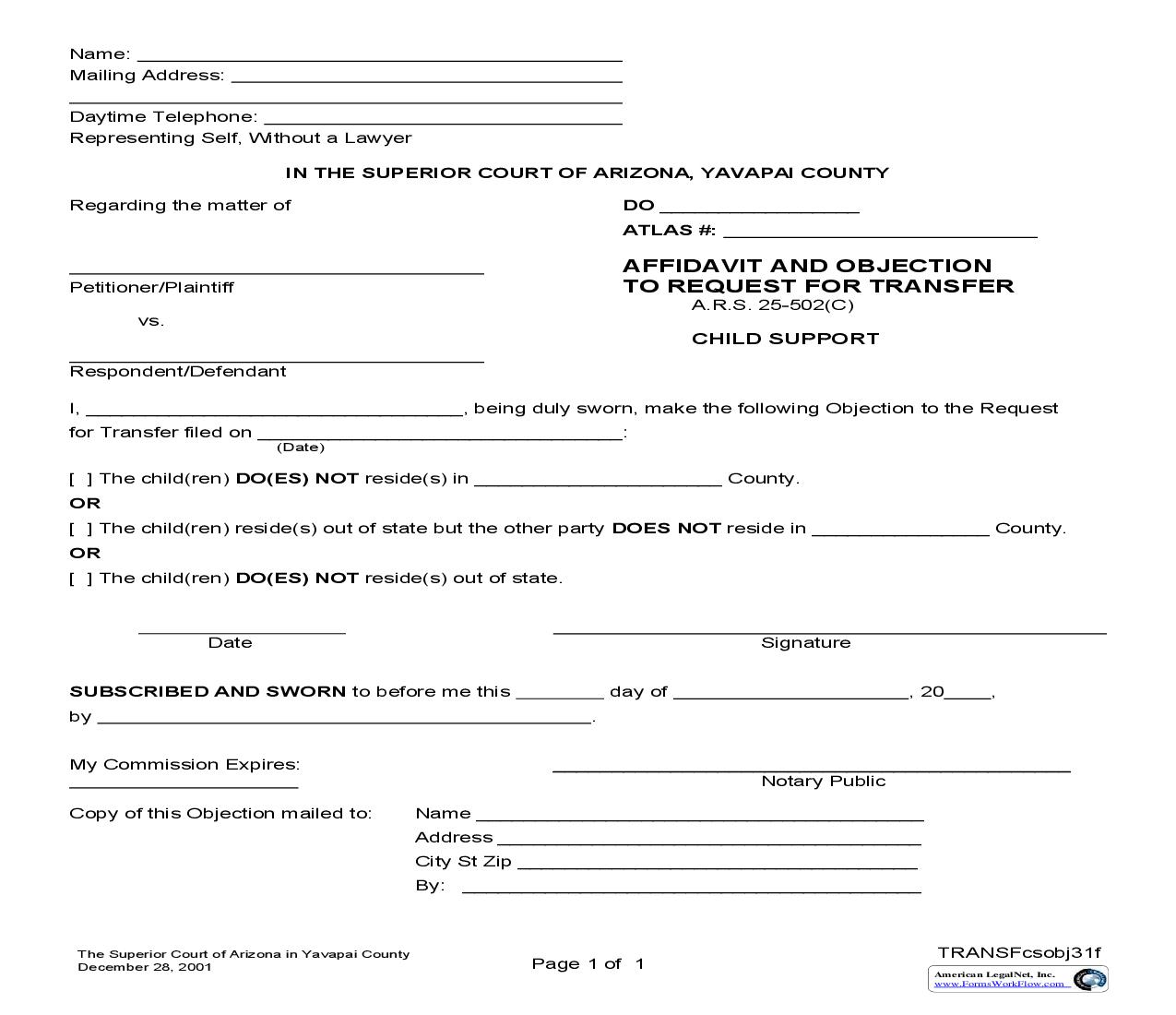 Affidavit And Objection To Request For Transfer {TRANSFcsobj31f} | Pdf Fpdf Doc Docx | Arizona