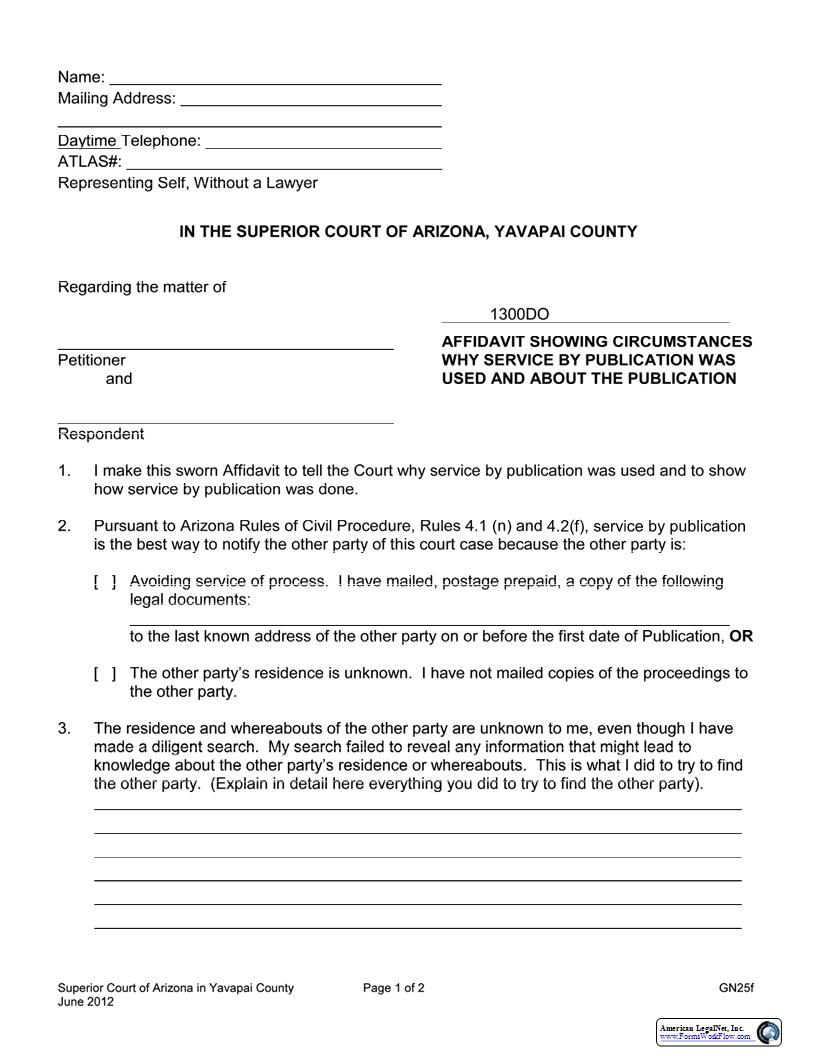 Affidavit Showing Circumstances Why Service By Publication Was Used And About Publication {GN25f} |  | Arizona