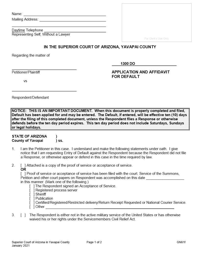 Application And Affidavit For Default {GN61f} | Pdf Fpdf Doc Docx | Arizona