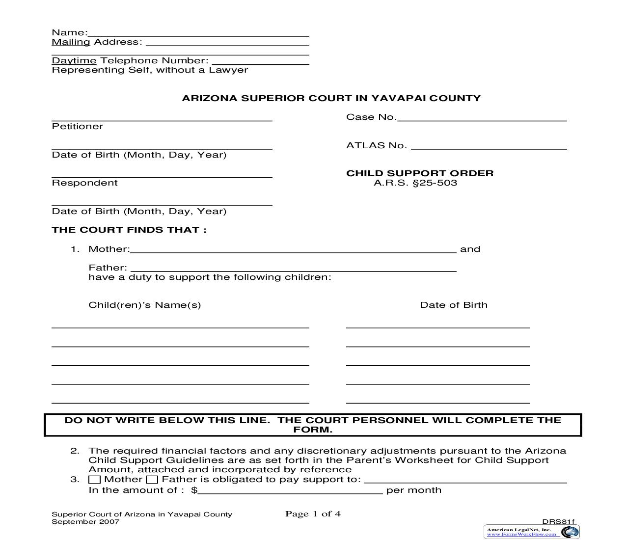 Child Support Order {DRS81f} | Pdf Fpdf Doc Docx | Arizona