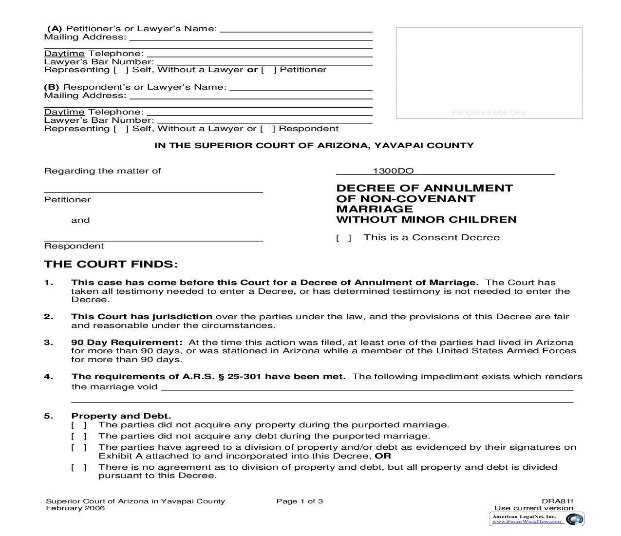 Decree Of Annulment Of Non-Covenant Marriage Without Minor Children {DRA81f} | Pdf Fpdf Doc Docx | Arizona