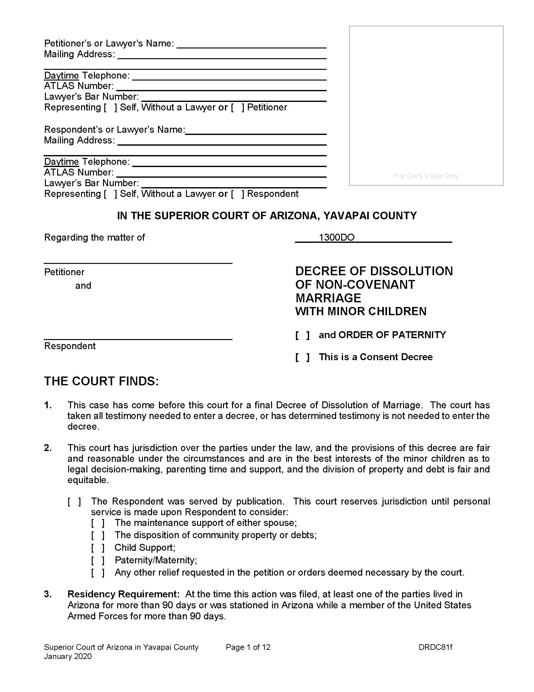 Decree Of Dissolution Of Non Covenant Marriage With Minor Children {DRDC81f} | Pdf Fpdf Doc Docx | Arizona