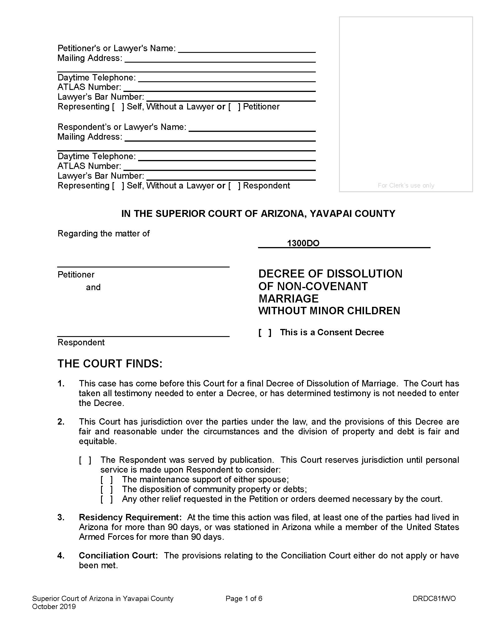 Decree Of Dissolution Of Non Covenant Marriage Without Minor Children | Pdf Fpdf Doc Docx | Arizona