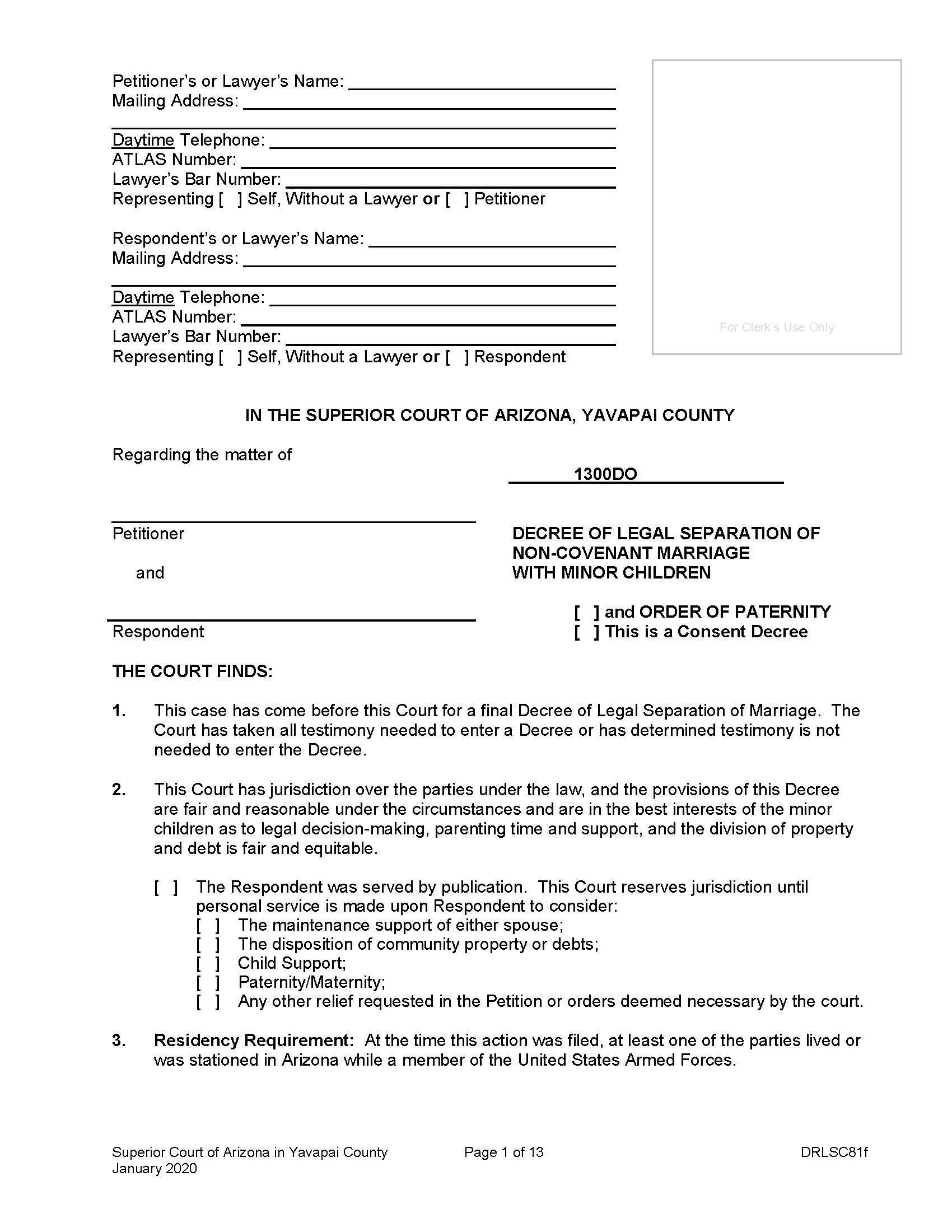 Decree Of Legal Separation Of Non Covenant Marriage With Minor Children {DRLSC81f} | Pdf Fpdf Doc Docx | Arizona