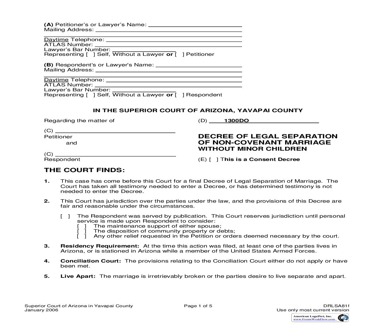 Decree Of Legal Separation Of Non-Covenant Marriage Without Minor Children {DRLSA81f} | Pdf Fpdf Doc Docx | Arizona