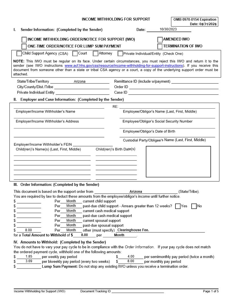 Income Withholding For Support | Pdf Fpdf Doc Docx | Arizona
