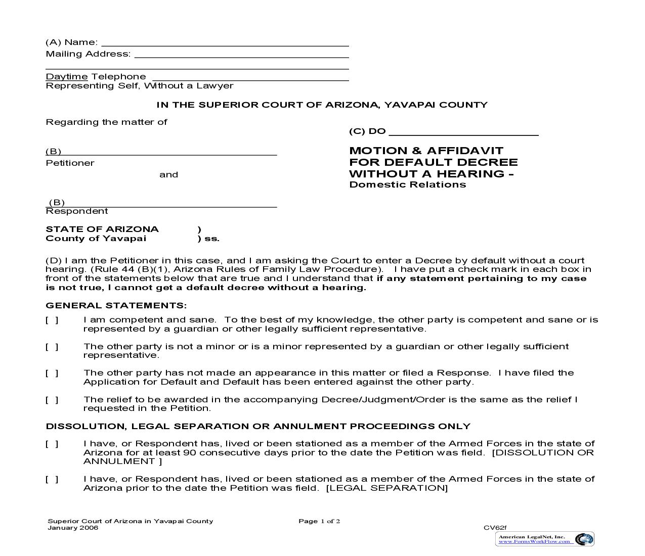Motion And Affidavit For Default Decree Without Hearing (Domestic Relations) {CV62f} | Pdf Fpdf Doc Docx | Arizona
