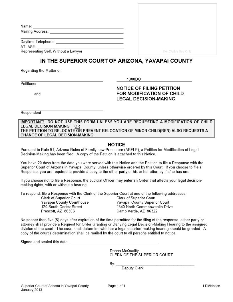 Notice Of Filing Petition For Modification Of Child Custody | Pdf Fpdf Doc Docx | Arizona