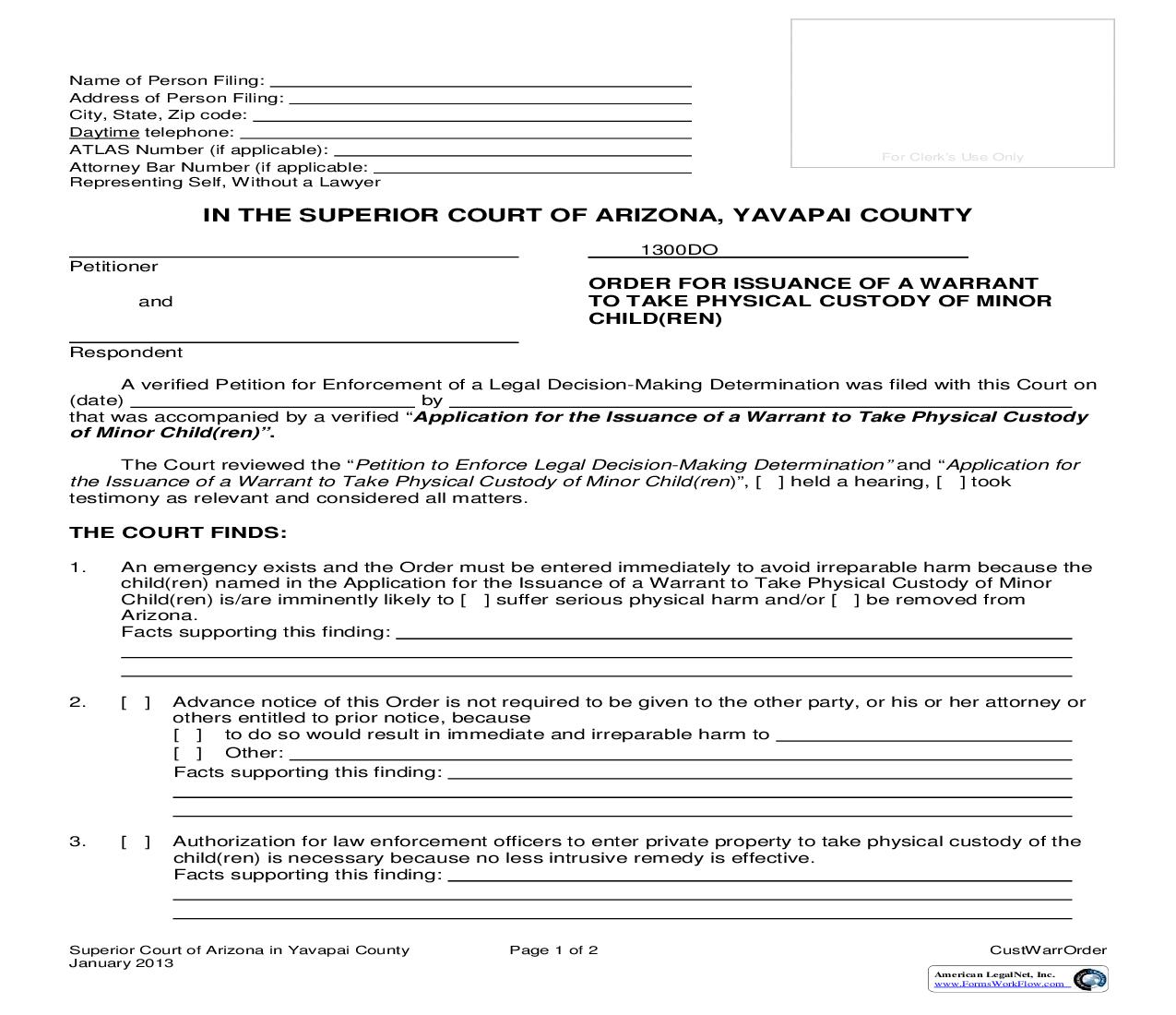 Order For Issuance Of Warrant To Take Physical Custody Of Minor Children | Pdf Fpdf Doc Docx | Arizona