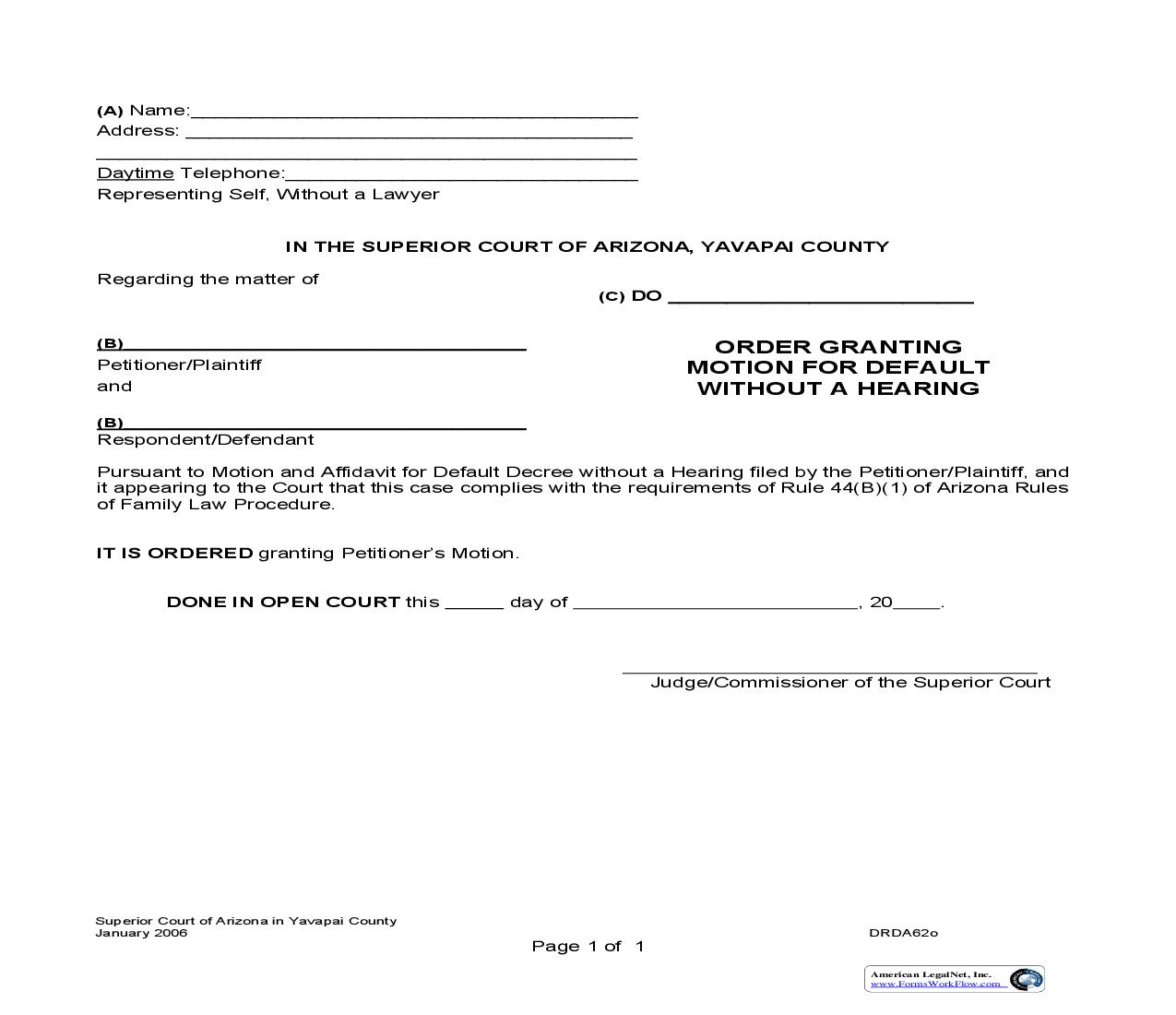 Order Granting Motion For Default Without Hearing {DRDA62o} | Pdf Fpdf Doc Docx | Arizona