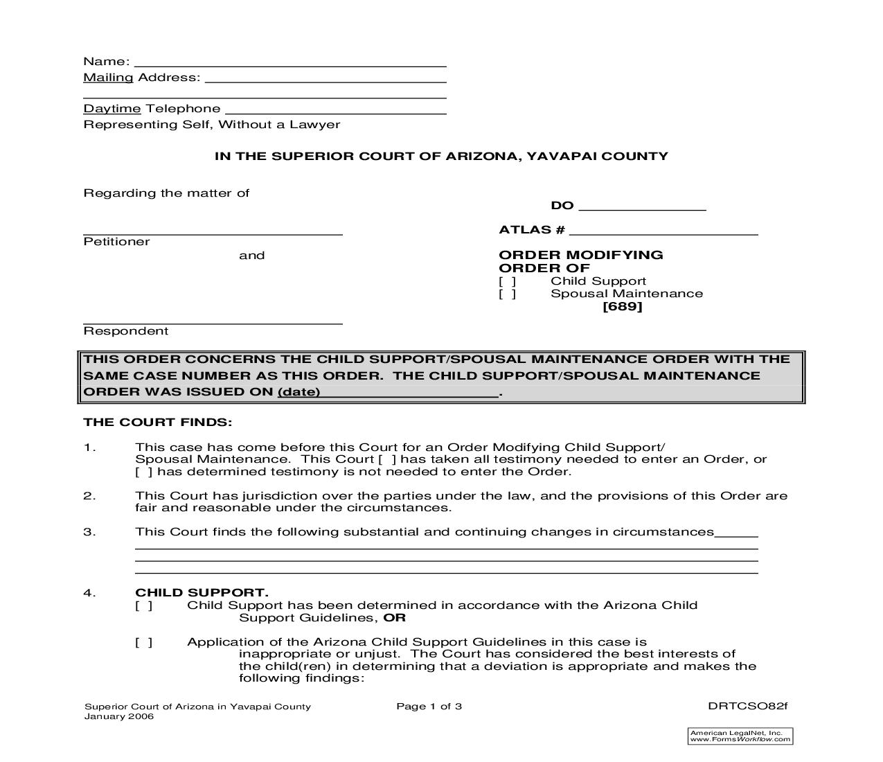 Order Modifying Order Of Child Support Or Spousal Maintenance {DRTCSO82f} | Pdf Fpdf Doc Docx | Arizona