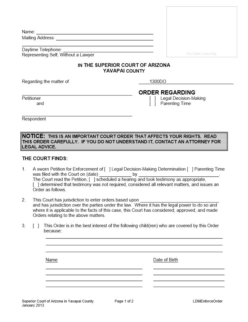 Order Regarding Legal Decision Making Parenting Time | Pdf Fpdf Docx | Arizona