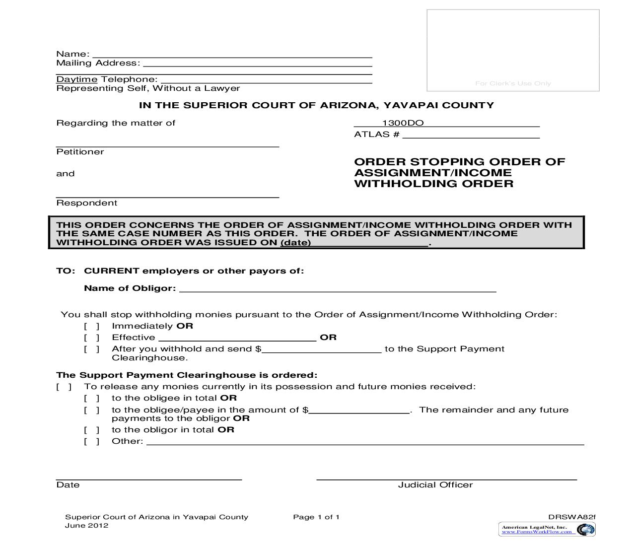 Order Stopping Order Of Assignment Income Withholding Order {DRSWA82f} | Pdf Fpdf Doc Docx | Arizona
