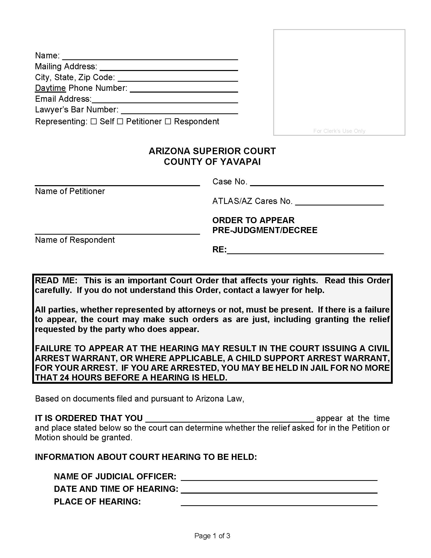 Order To Appear Pre-Judgment-Decree (Including Temporary Orders) | Pdf Fpdf Doc Docx | Arizona